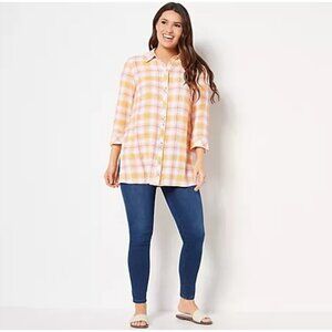 Susan Graver Orange Cream Plaid Tunic Button Back Top XL